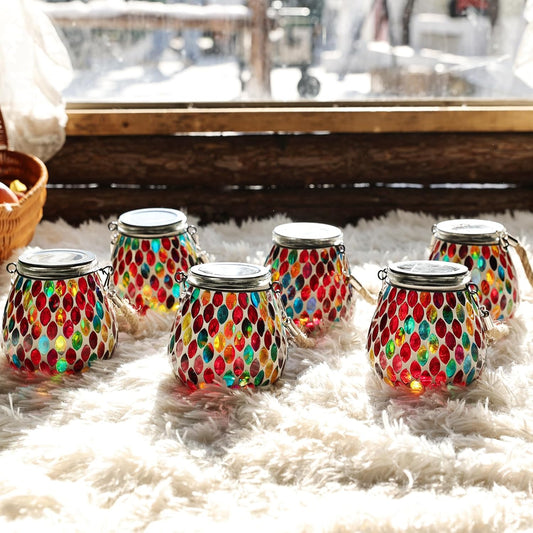 Cooo 4 Pack Mosaic Solar Lantern Outdoor Waterproof IP68 Hanging Projection Light Hidden Lid Pear-Shaped Lantern with Rope Handle Solar Powered Auto On for Patio Garden Fence Table - Crimson Ember