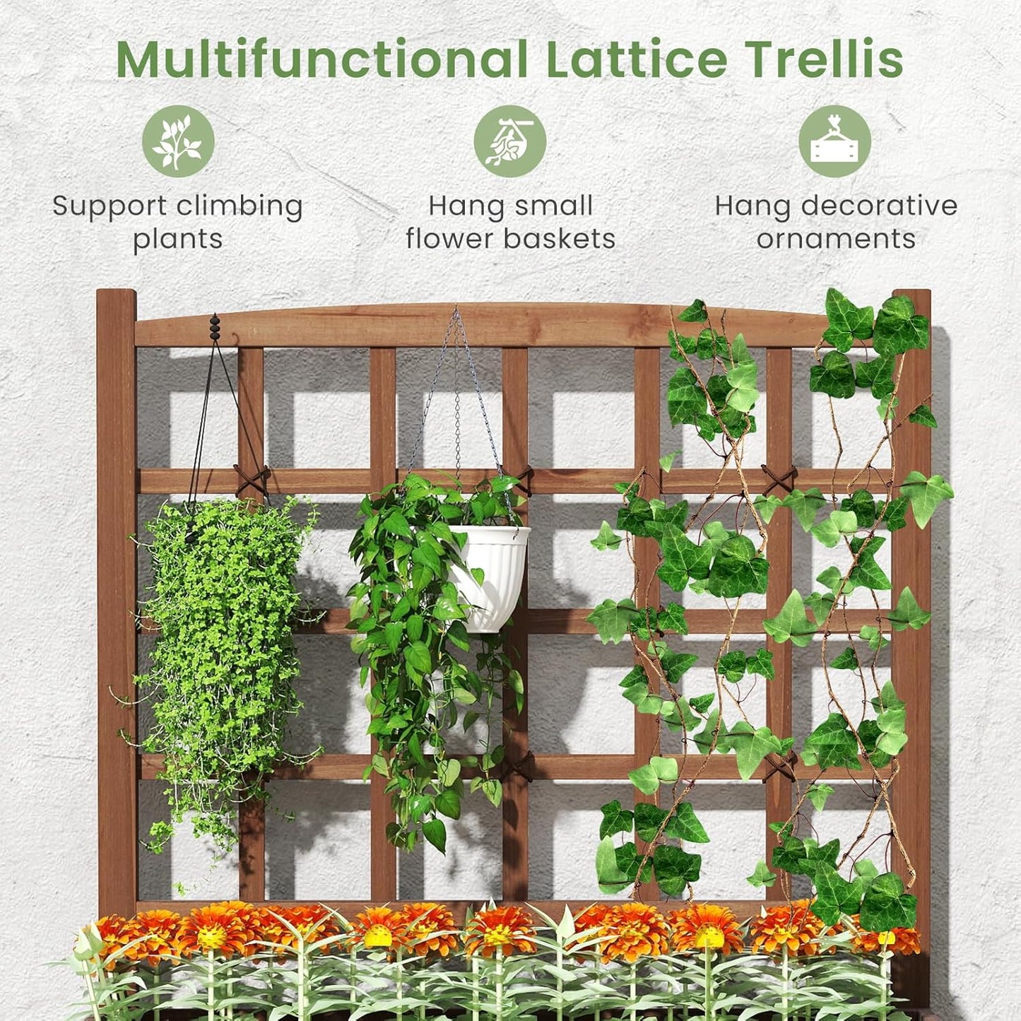 HAPPYGRILL Raised Garden Bed with Trellis, Drainage Holes, 2-Tier Wooden Elevated Planter Box w/Legs for Climbing Plants Vine Flower Herb Vegetable Fruit, Outdoor Garden Box for Patio Balcony