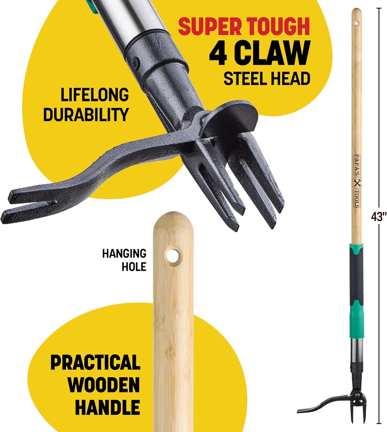 Papa's Tools Weed Puller Tool, 44" Stand Up Weeder Garden Tools & 4 Claw Steel Head, Dual Weed Eject Tech. Made with Real Bamboo & Long Wooden Handle, Yard Weeding Remover for Gardening Men & Women