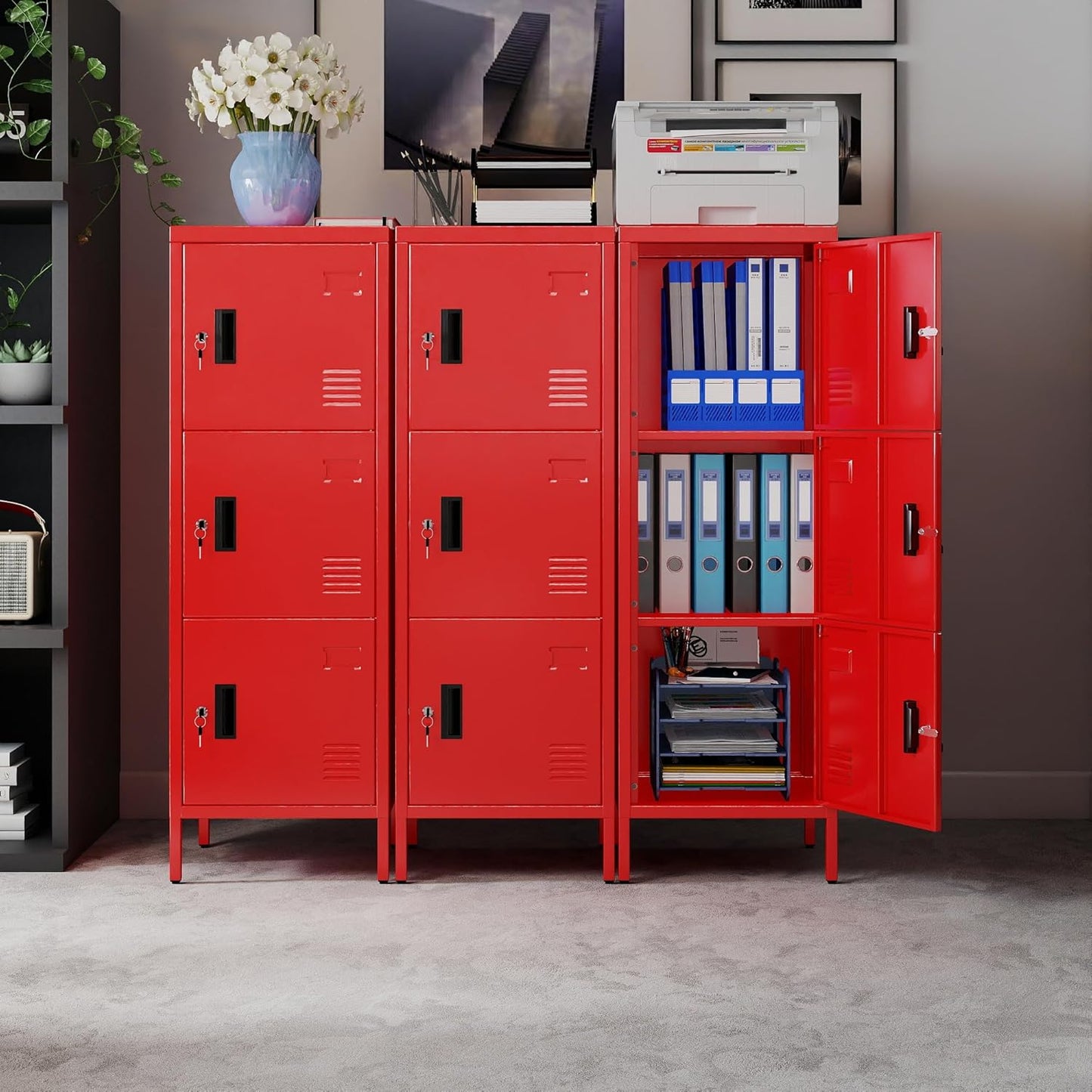 Metal Storage Locker with Ventilation Holes, Metal Storage Locker with Lock and Card Slot for School, Office, Home,47.3" H x 15.8" W x 15.8" D,Assembly Required,Red