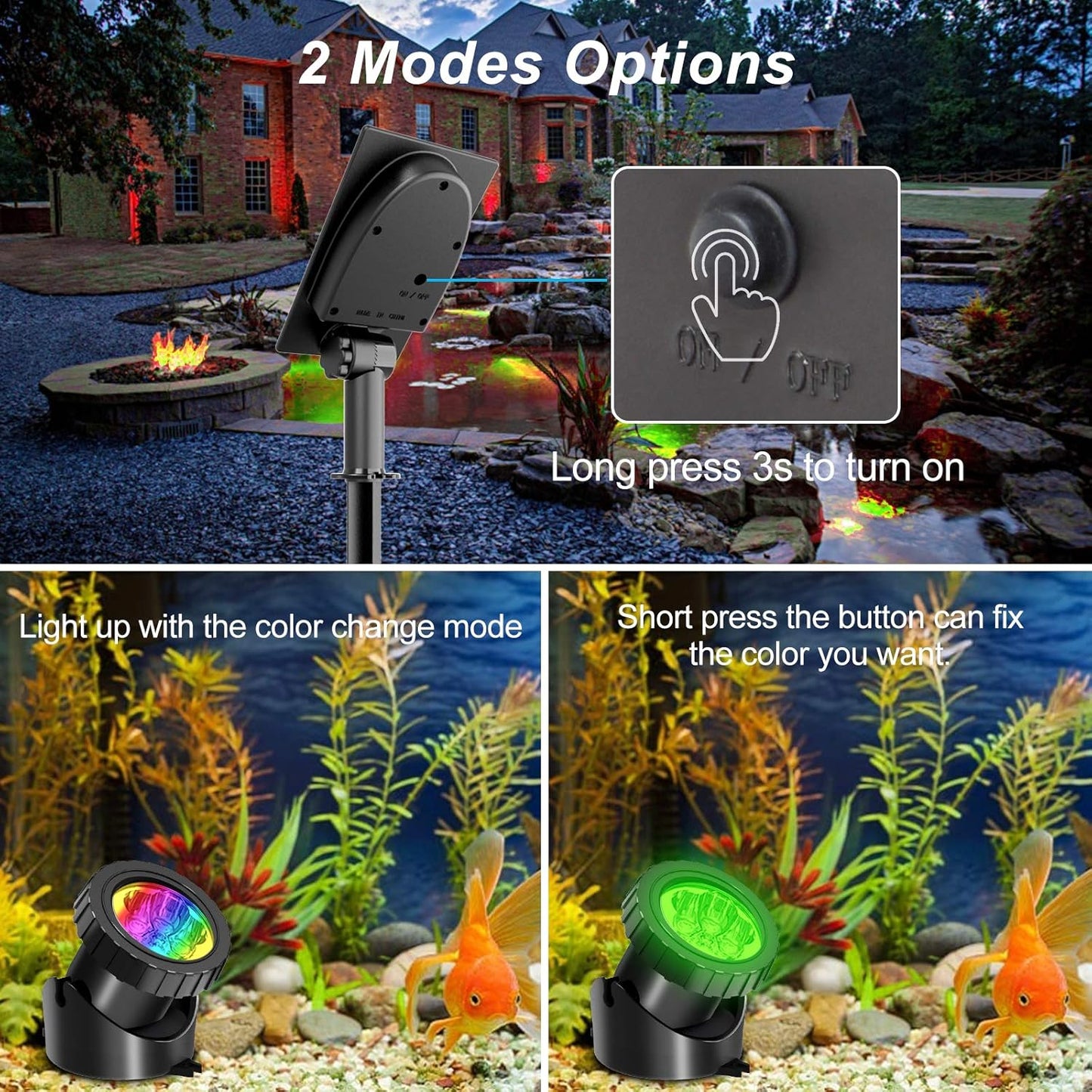 T-SUN Solar Pond Lights, 4-in-1 RGB Underwater Pond Light, Color Changing Submersible Fountain Lights, Solar Fish Tank Light Adjustable Lighting Angle for Garden Fountain, Pond, Pool Decoration