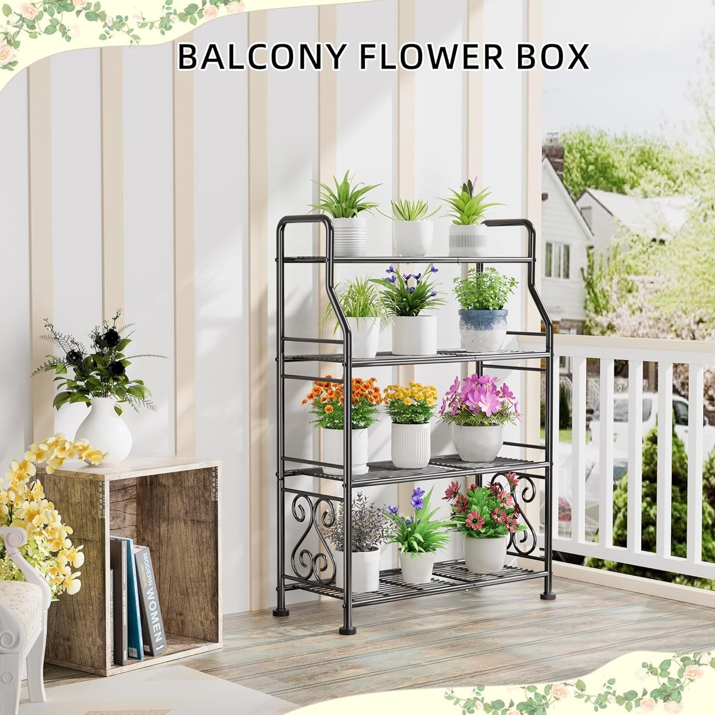 GIOTORENT Plant Stand Outdoor Indoor 4 Tier Metal Waterproof - 41.3" Plant Shelf for Patio, Balcony, Living Room, Large Capacity Tiered Plant Rack, Black