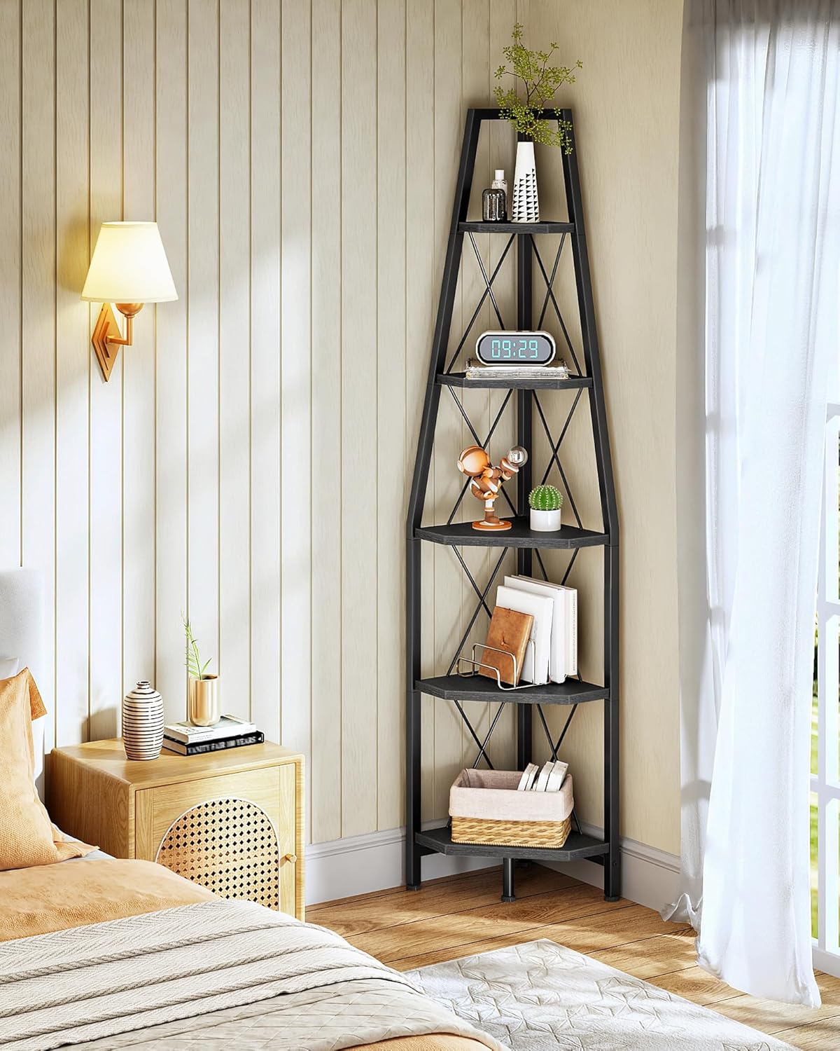 5-Tier Corner Shelf, Corner Bookshelf, Ladder Shelf, Floor Standing Storage Rack, Open Display Stand, Plant Stand, for Living Room, Bedroom, Study, Bathroom, Black TCJ22BB
