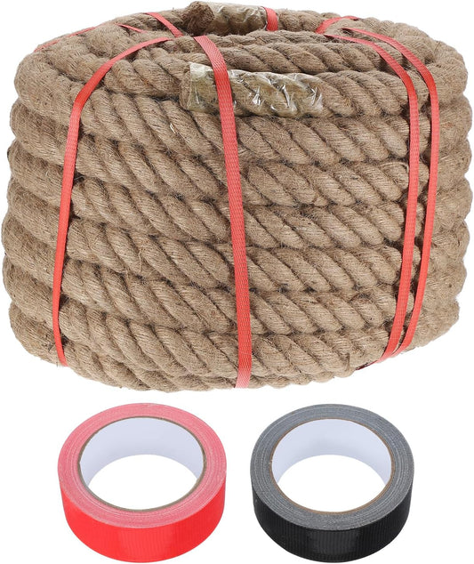 MECCANIXITY Jute Rope 1.5 Inch x 75ft, Thick Twine Rope Ropes Braided Jute Twine Natural Brown Burlap Cord String Heavy Twisted with Tapes for Decorative Crafts Railing Swing Tug of War