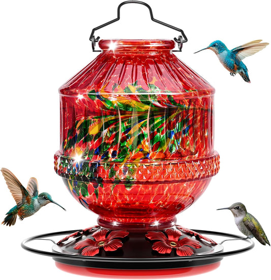 Blown Glass Hummingbird Feeders for Outdoors, 25 Ounces Wild Bird Nectar Feeder with Perch & 5 Flower Feeding Ports Leak Proof Hanging for Garden Backyard Decor, Gifts for Women Mom, Red