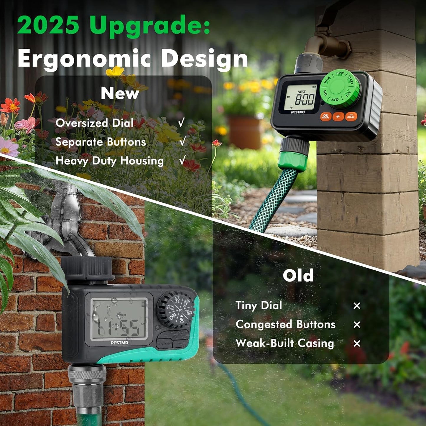 RESTMO Sprinkler Timer, Programmable Water Timer for Garden Hose, Automatic Control | Manual ON/Off | Rain Delay for Outdoor Faucet, Drip Irrigation and Lawn Watering System