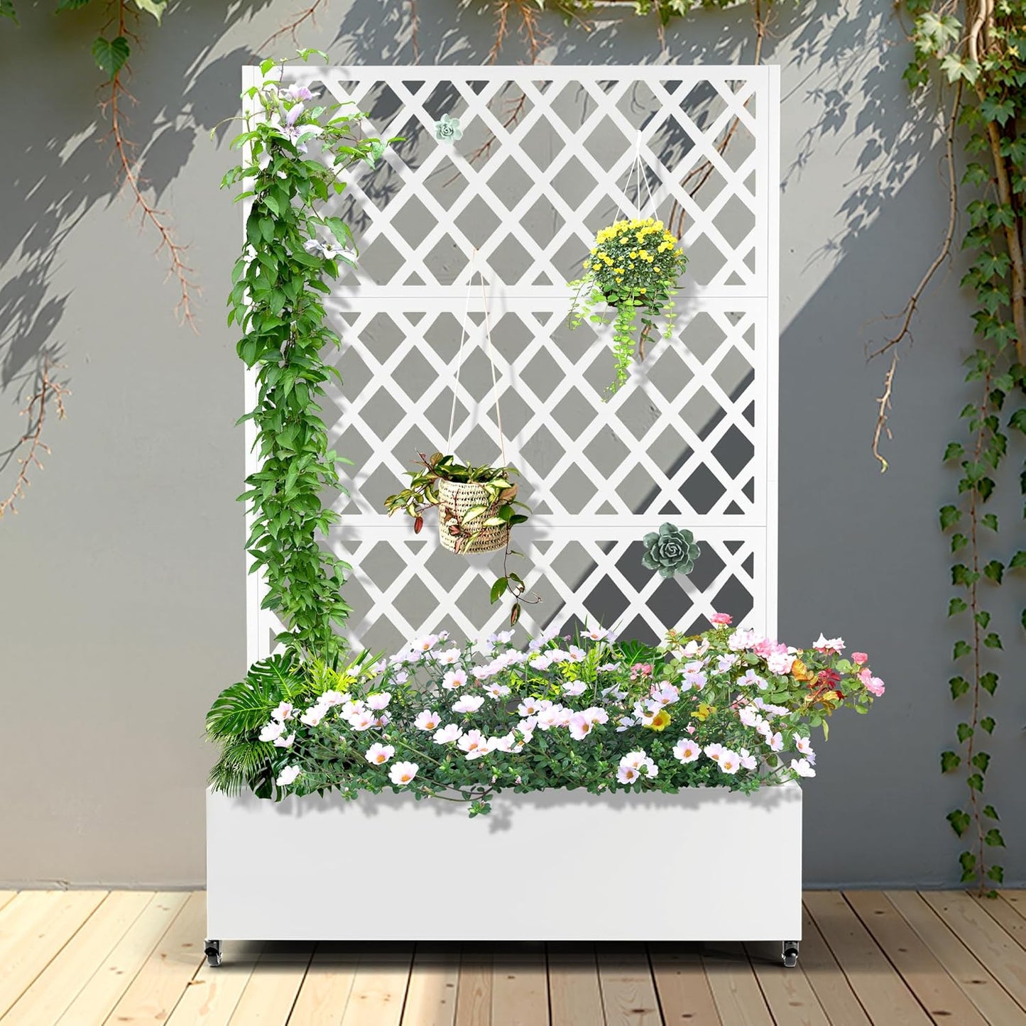 FENCY Metal Planter Box with Diamond Lattice Trellis Planter Box for Climbing Plants/Vines, Galvanized Raised Garden Bed On Wheels, Garden Bed with Trellis(73"x47" White)