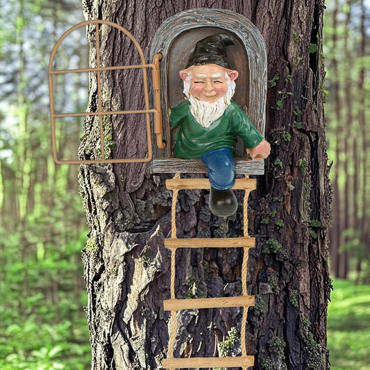 Garden Gnomes Decoration Outdoor Tree Faces Decor with Hanging Ladder for Yard, Elf Out The Door Tree Hugger Resin Garden Sculpture Peeker Yard Art Ornament Whimsical Gnome Decor for Patio Yard Lawn
