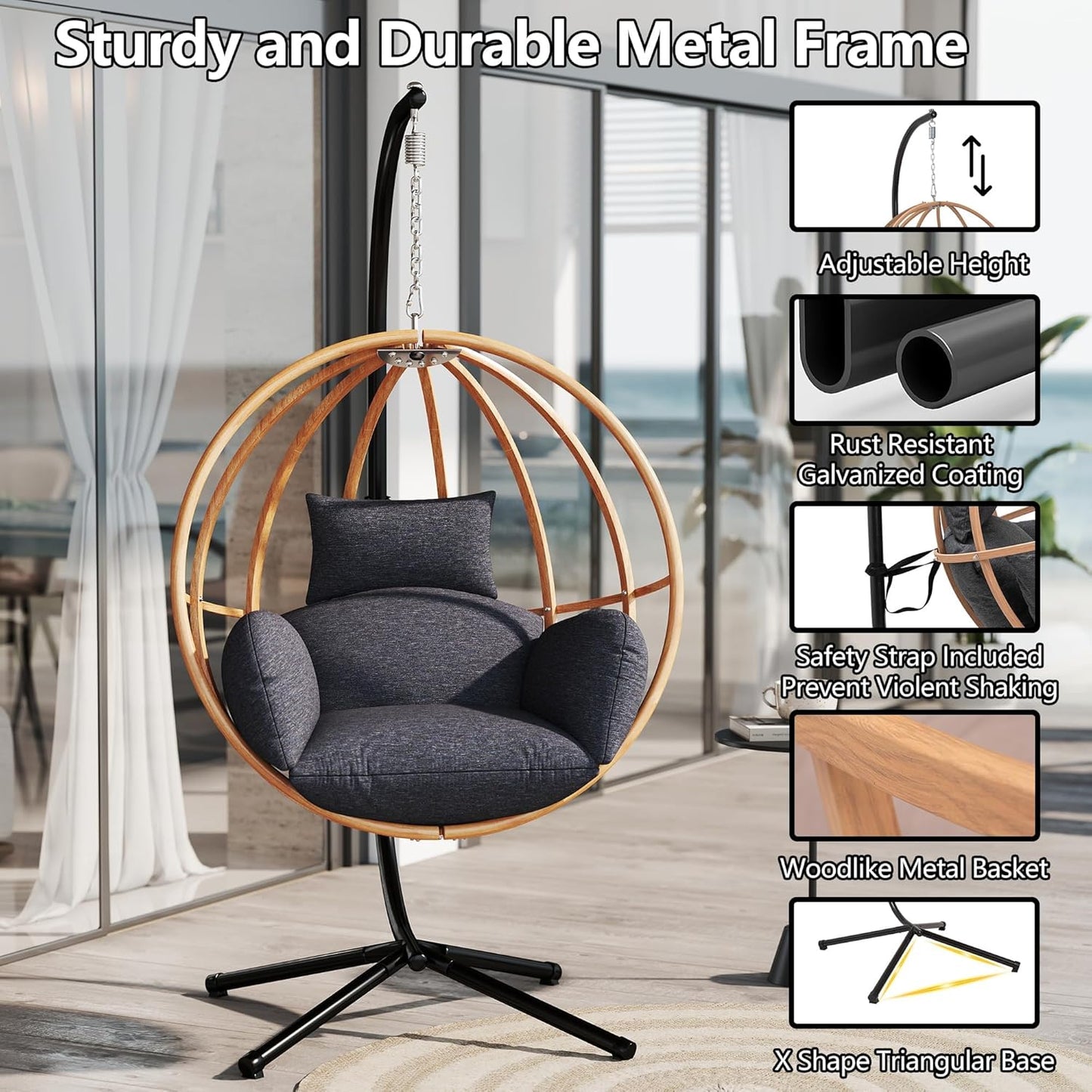 Egg Chairs Outdoor, Metal Hanging Egg Chair with Cushions, Heavy Duty 400LBS Imitation Wicker Egg Swing Chair with Stand, 80" H Hanging Chairs Cozy Basket Seat for Bedroom/Balcony, Charcoal