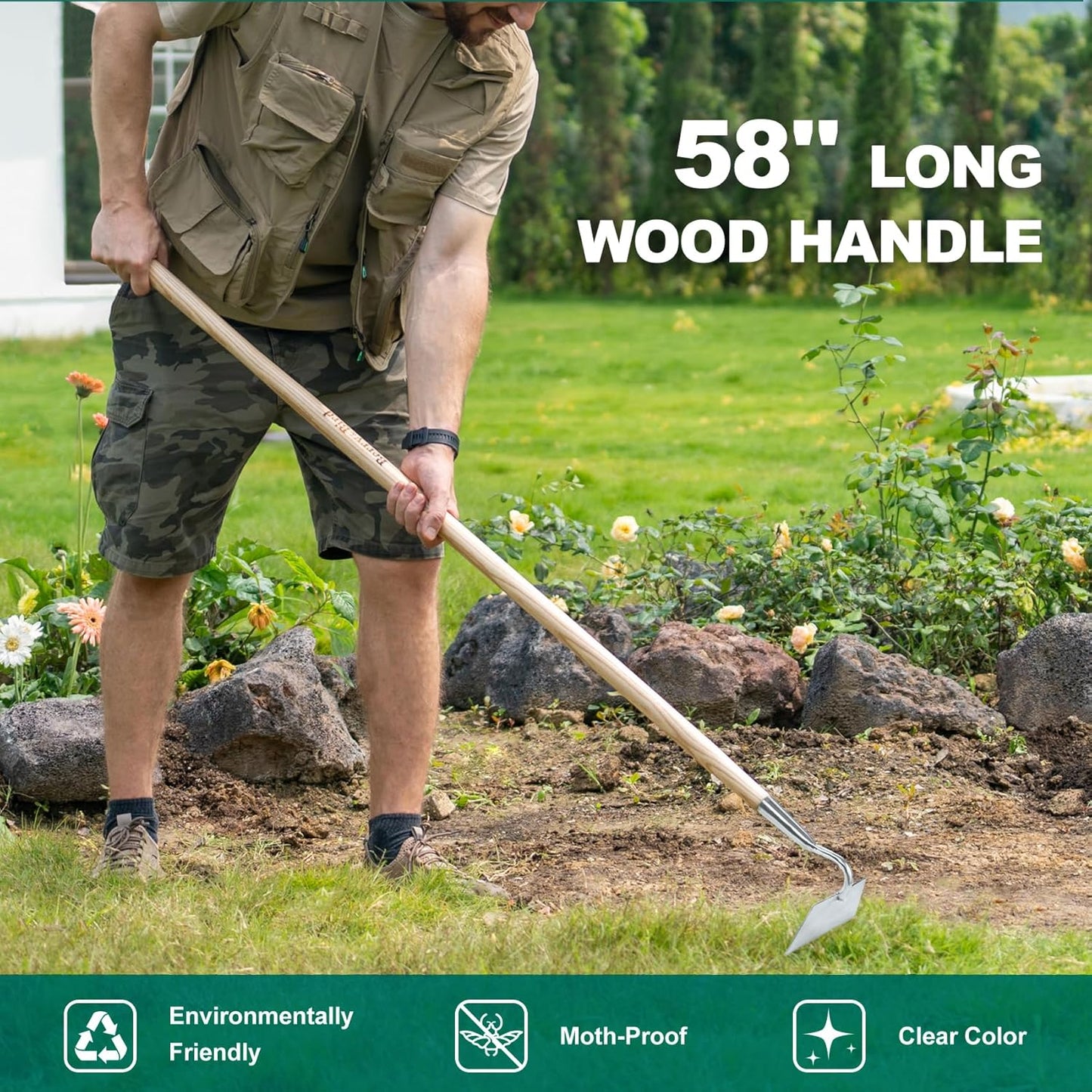 Berry&Bird Flat Edge Garden Hoe, 58'' Hoes Garden Tool with Long Wood Handle, Stainless Steel Weeding Hoe, Heavy Duty Weeder Hoe Tool for Gardening Digging Soil Loosening, Edging & Cultivating