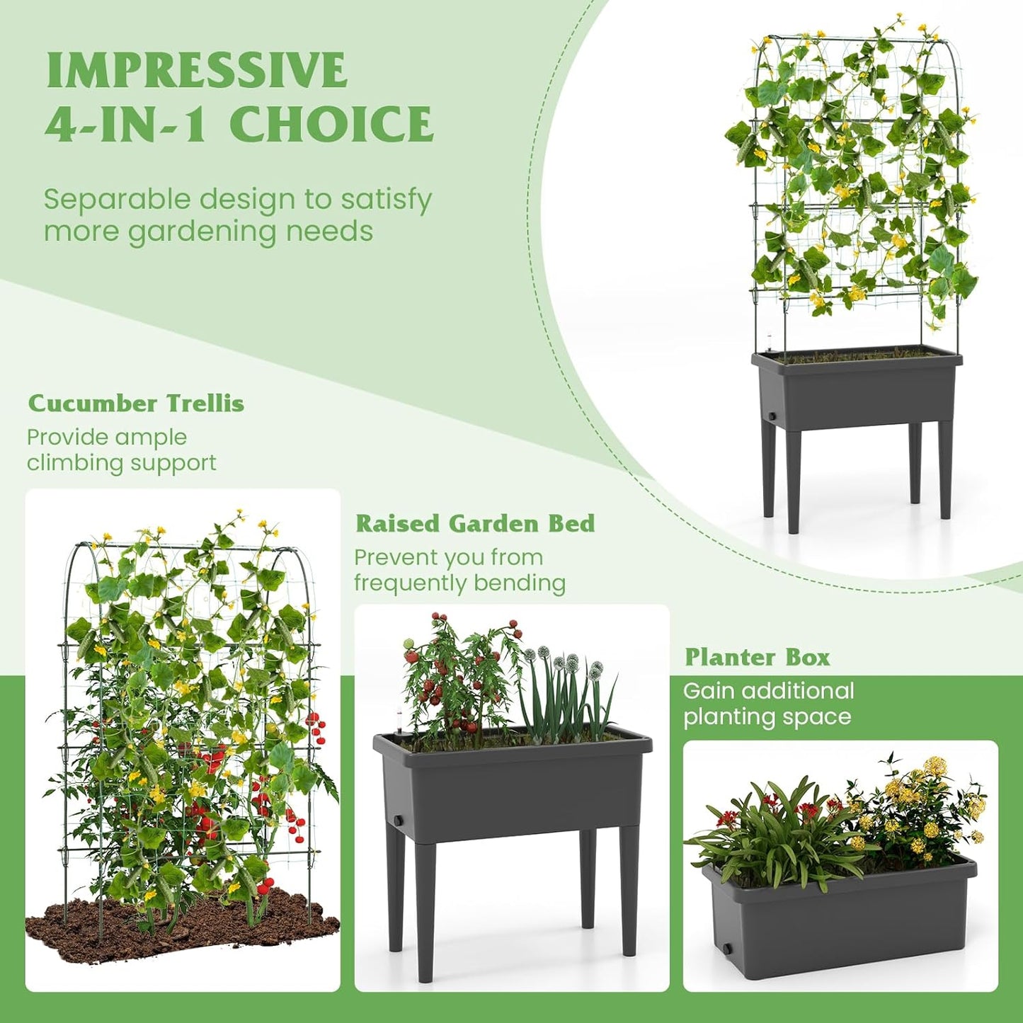 Happygrill Raised Garden Bed with Trellis, 4 in 1 Self-Watering Planter w/Water Level Observer, Drainage Holes, Climbing Net & Detachable Legs, Garden Cucumber Planter for Vegetables Flowers