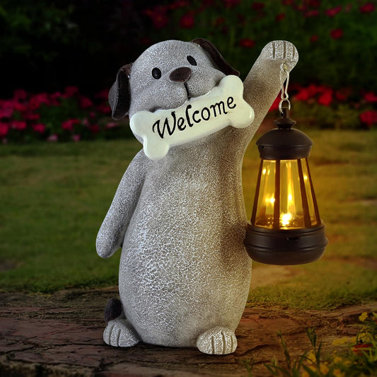 Solar Dog Garden Statue with Lantern Light – 9.2in Outdoor Dog Figurine for Yard Patio Garden Decor, Cute Memorial Gift for Women Mom
