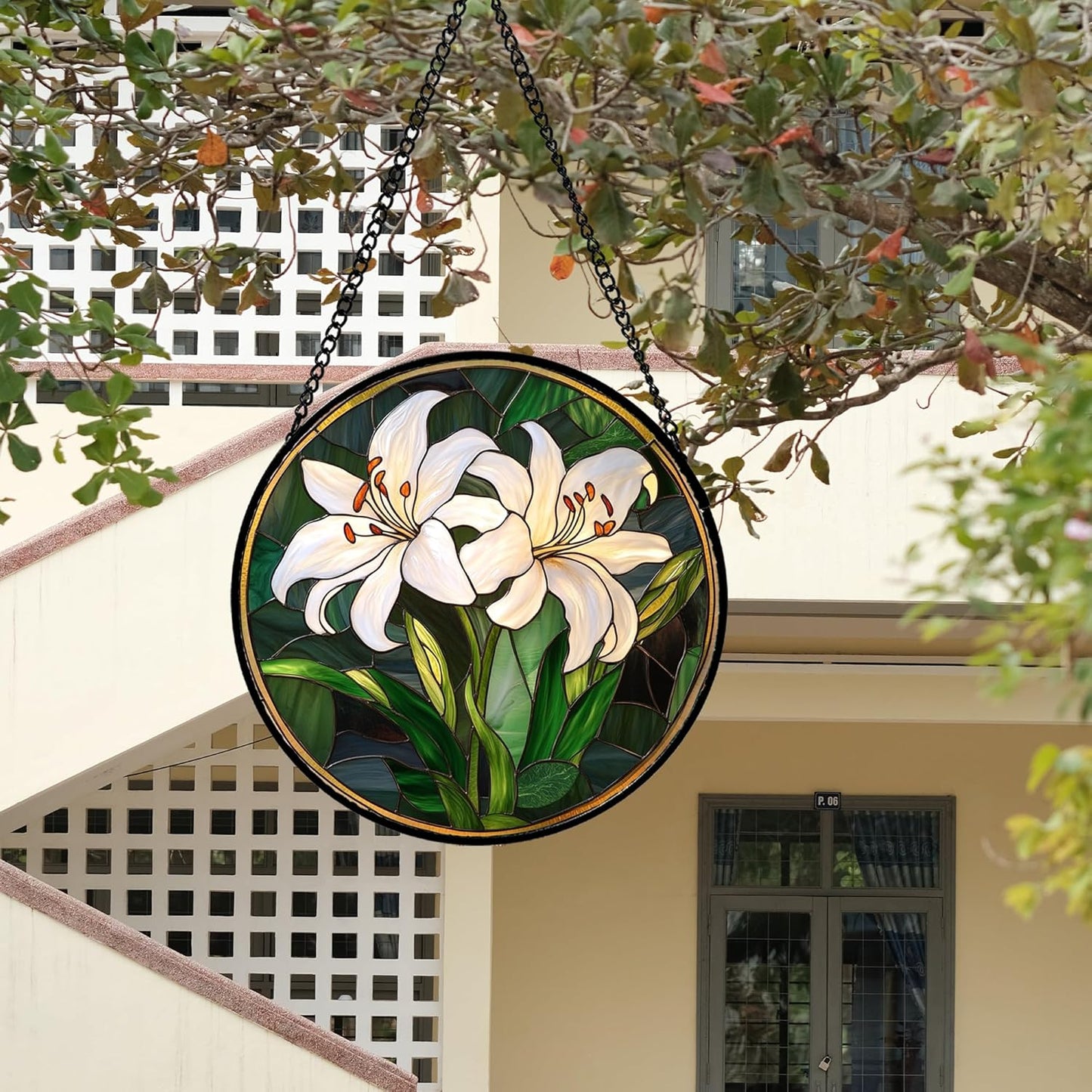 Stained Glass Window Hanging, White Lily Suncatcher for Door Garden Patio Birth Flower Green Plant Sun Catchers Decor Christmas Mother's Day Birthday Gifts for Women Mom Nana Friend 9.8 in