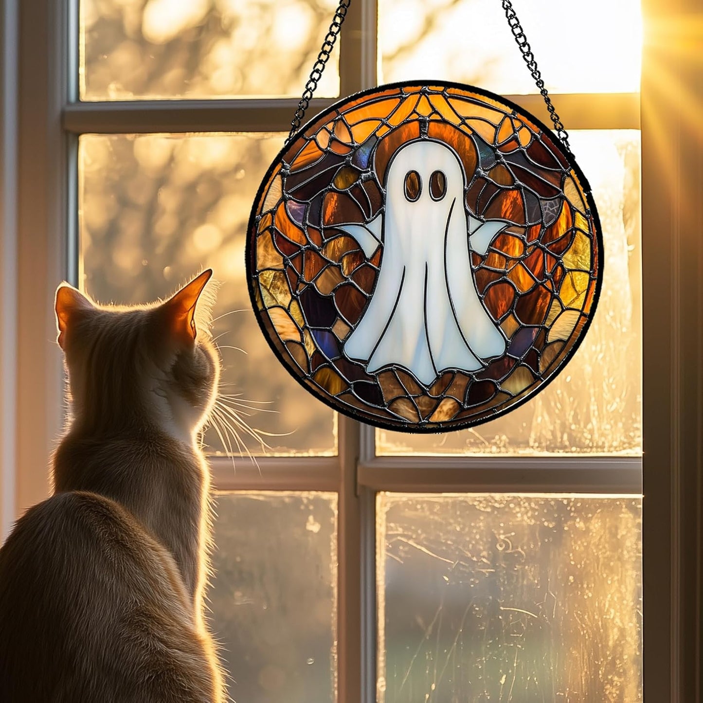 Stained Glass Window Hanging Halloween White Horror Ghost Large 11.8" - Suncatcher Door Garden Kitchen Sun Catcher Home Gothic Decor Birthday for Mom Men Woman Friend Grandma