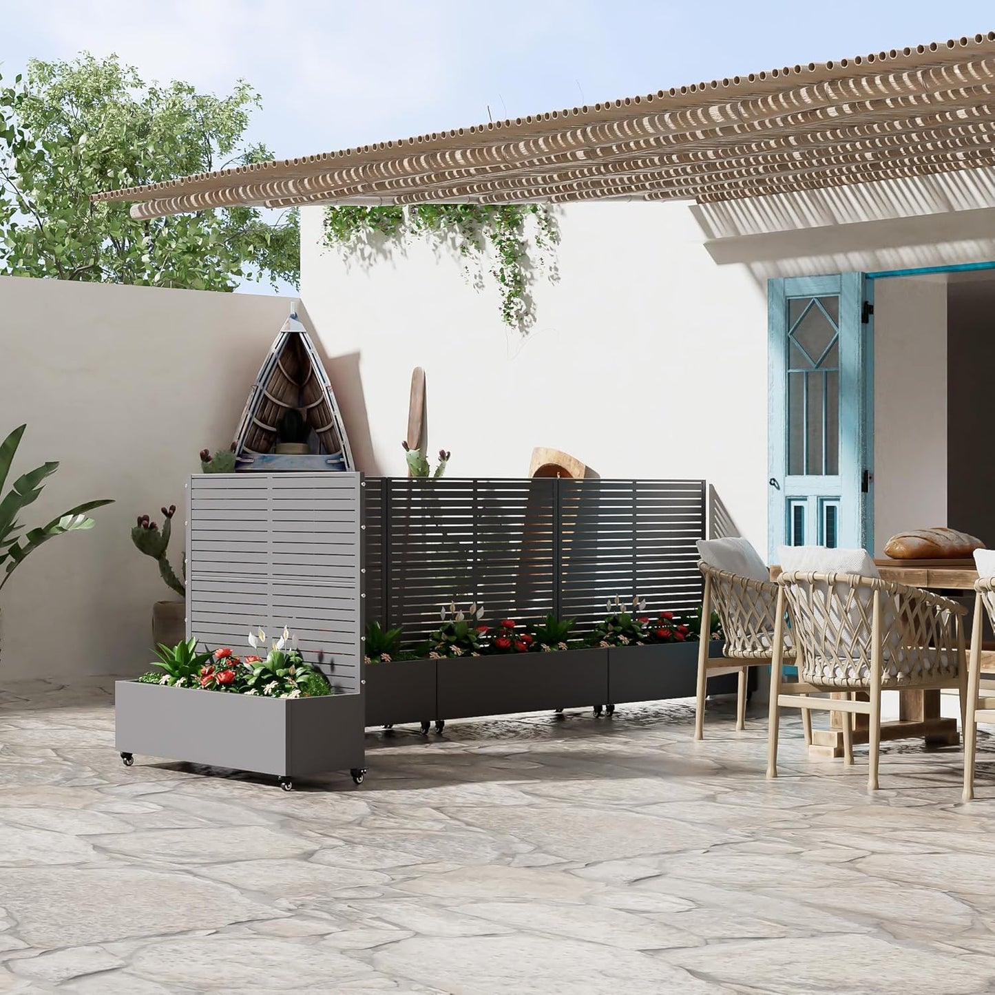 Casaphoria Metal Raised Garden Bed with Trellis and Wheels, 47"x47"x16" Planter Box for Climbing Plants, Vegetables & Vines, Features Drainage Holes and Privacy Screen (Grey-Louvered)