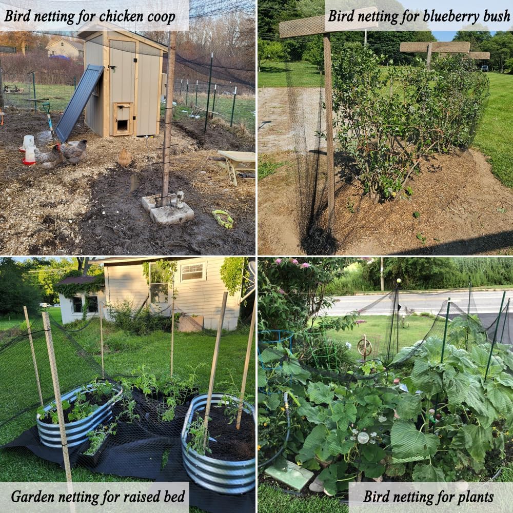 Junflying Bird Netting, 10x10 FT – 1/2" Mesh, Woven Black Netting for Garden Protection with Ties, Protects Vegetables, Fruit Trees, Blueberry Bushes & Strawberry Plants