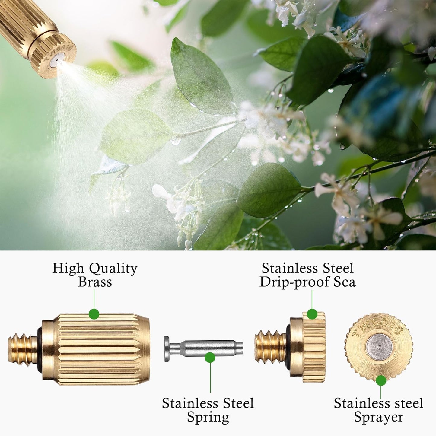 Mornajina 30 Packs Brass Misting Nozzles Mister Replacement Nozzles for Outdoor Cooling System, Misting System Heads Sprayer 0.020" (0.5 mm) 10-24 UNC, High Pressure