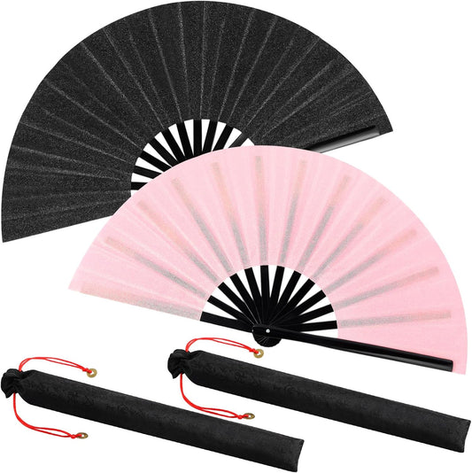 Maitys 2 Packs Large Clap Fans for Line Dancing Large Chinese Folding Hand Fans for Men and Women, Festival, Tai Ji, Kungfu, Martial Art, Gifts (Glitter Black and Pink)