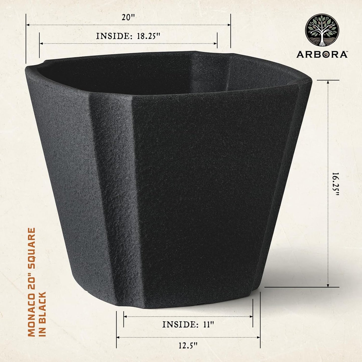 ARBORA 20" Monaco Square Polyresin Indoor and Outdoor Planter with Classic Black Finish - Durable, Weatherproof, Lightweight, Large Plant Pot for Patio, Garden, Deck, Entryway