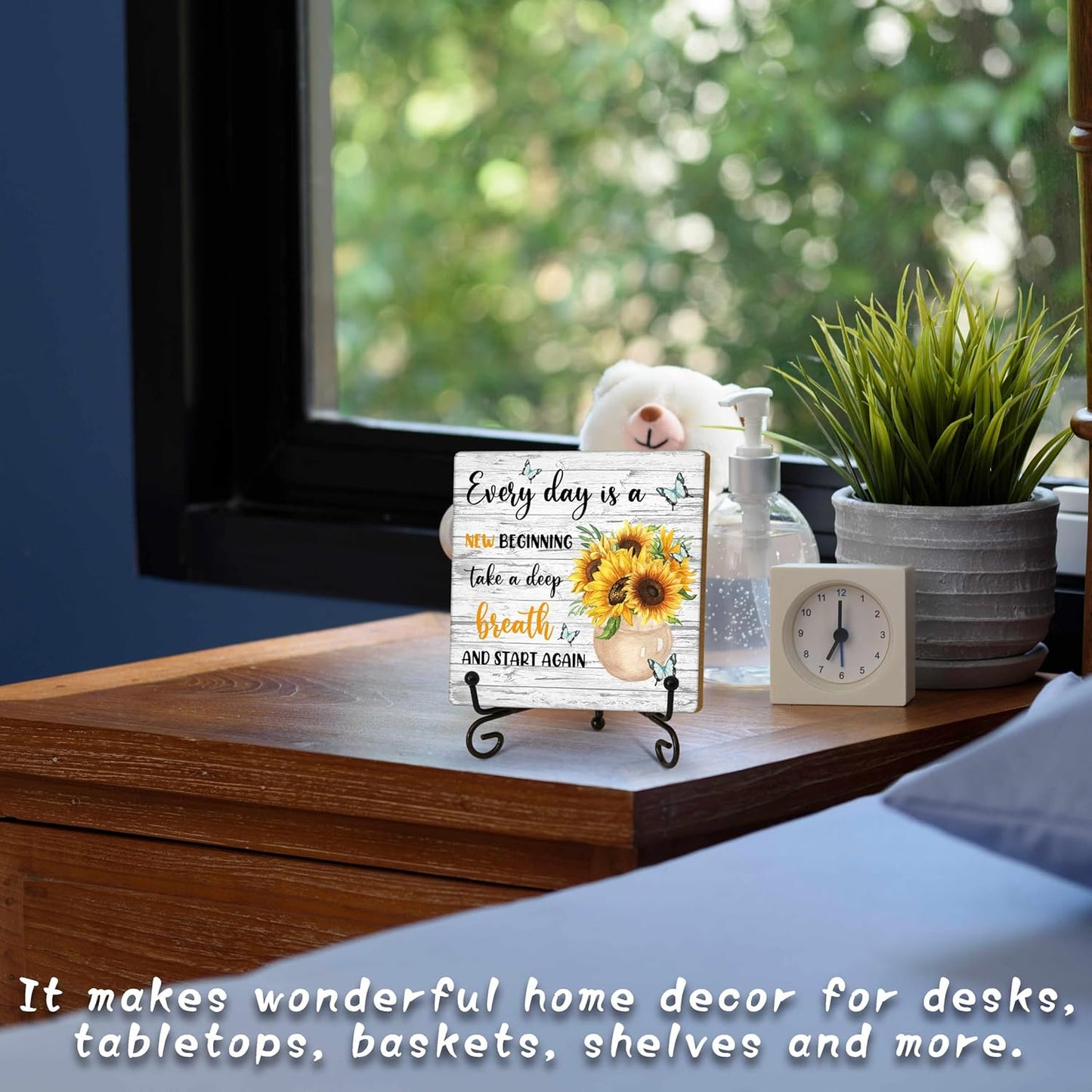 Motivational Gifts Wood Decor Sign, Inspirational Sunflower Wooden Rustic Farmhouse Decor with Stand for Home Desk Tabletop Shelf Decorations (A12)