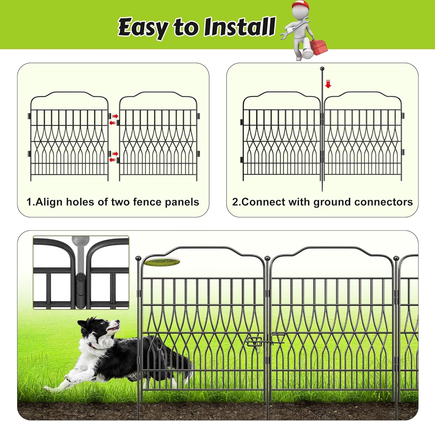 Bepatio 10 Panels Tall Garden Fence with Latch, 40in (H) x 23.1ft (L) Dog Fence Outdoor for Yard, Arc Metal Fencing Panels, Animal Barrier Fencing for Outdoor, Patio, Flower Bed