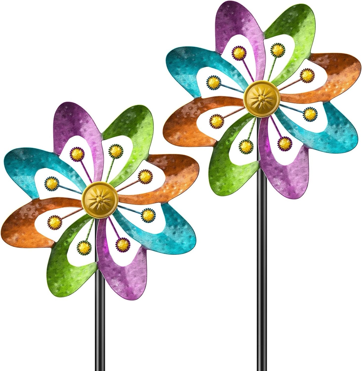 Metal Wind Spinners Outdoor, 360° Wind Sculpture Spinner with Metal Stake, Waterproof Spinners Green Kinetic Wind Spinner for Yard Lawn Decor (A- Colourful 2PC)