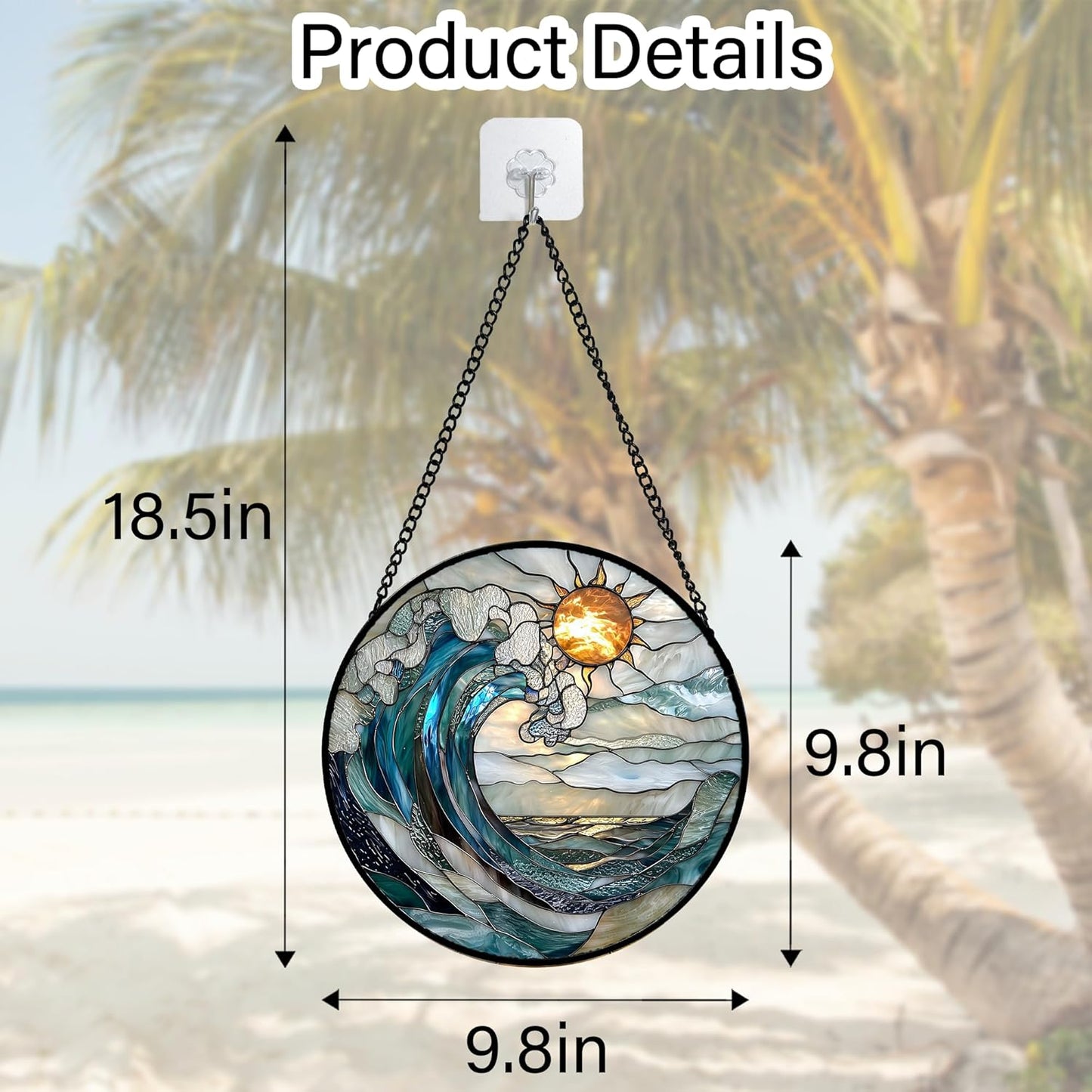 Stained Glass Window Hanging, Blue and White Waves Suncatcher Diamond Glass Panel Landscape Sun Catchers Decor for Birthday for Women, Men, Wife, Aunt, and Mom 9.8 in