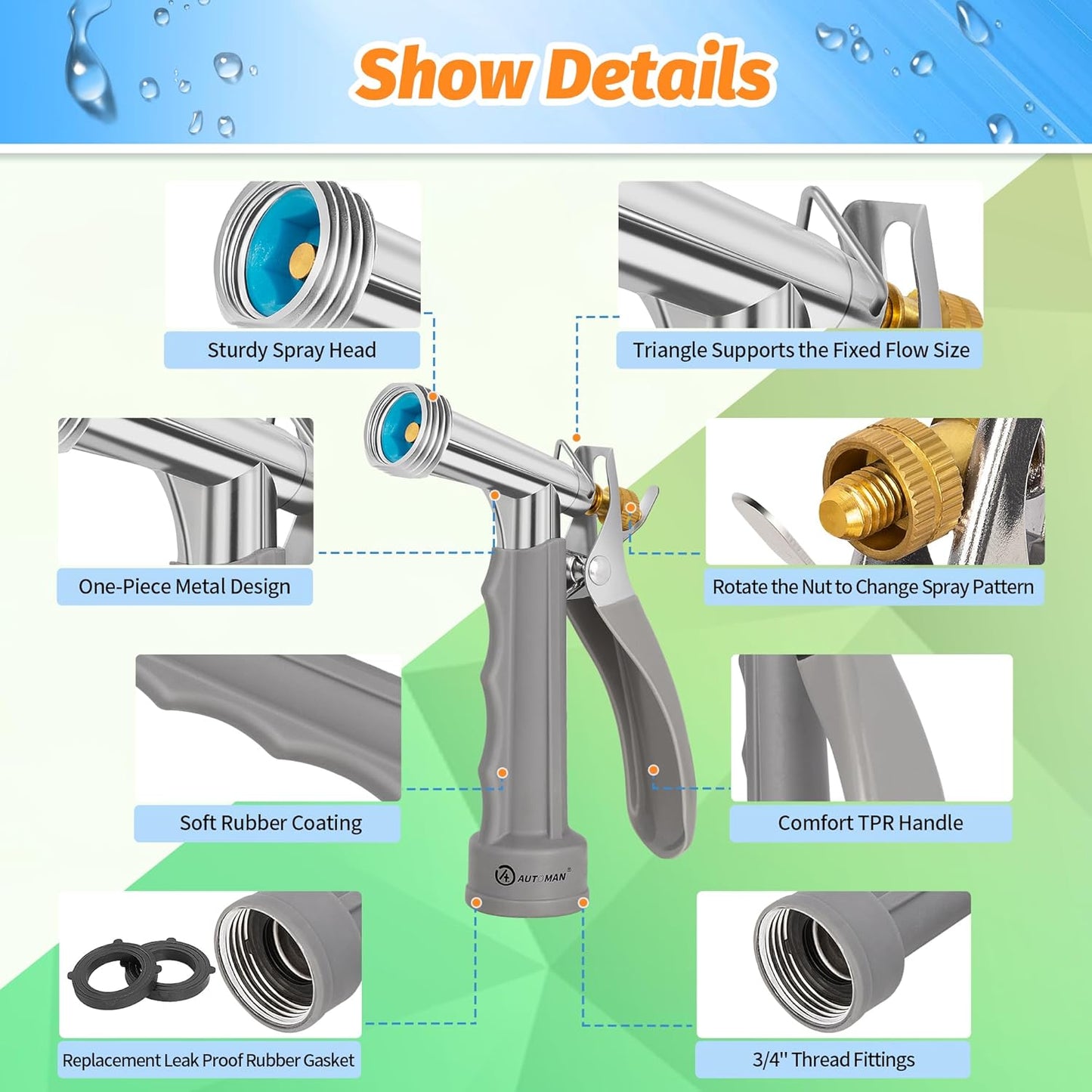 AUTOMAN Full Size Garden Hose Nozzle 2 Pack, High Pressure Pistol Grip Water Nozzle Sprayer with Threaded Front, Adjustable Spray Water Flow for Washing Car, Cleaning Ground, Watering Plants