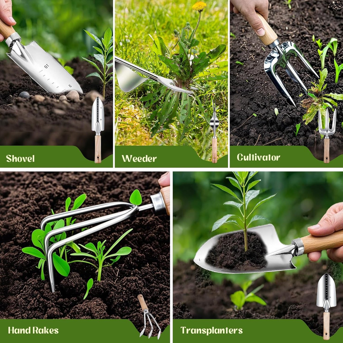 Garden Tools 9-Piece Heavy Duty Gardening Hand Tools with Floral Organizer Tote Bag, Rust-Proof Garden Tool Set, Thickened Repotting Mat, Gardening Gifts for Women Mom, Green