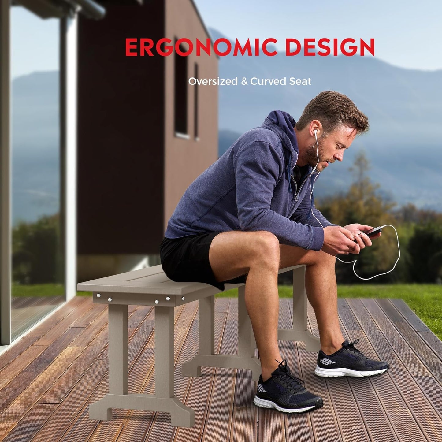 Outdoor Benches Weatherproof, Park Long Bench Poly Lumber Backless for Entryway Front Porch Garden Bench Seat for Patio, Weathered Wood