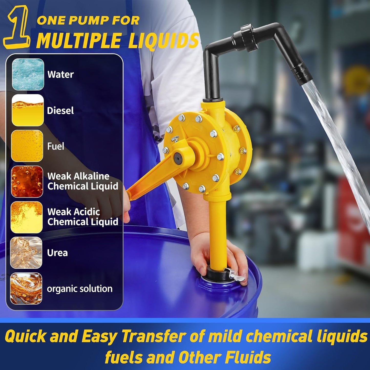 15-55 Gallon Drum Pump, 10 GPM Flow, Corrosion-resistant Chemical Liquid Pump, Hand-operated rotary barrel pump designed for rapid transfer of water, fuel, corrosive liquids and more