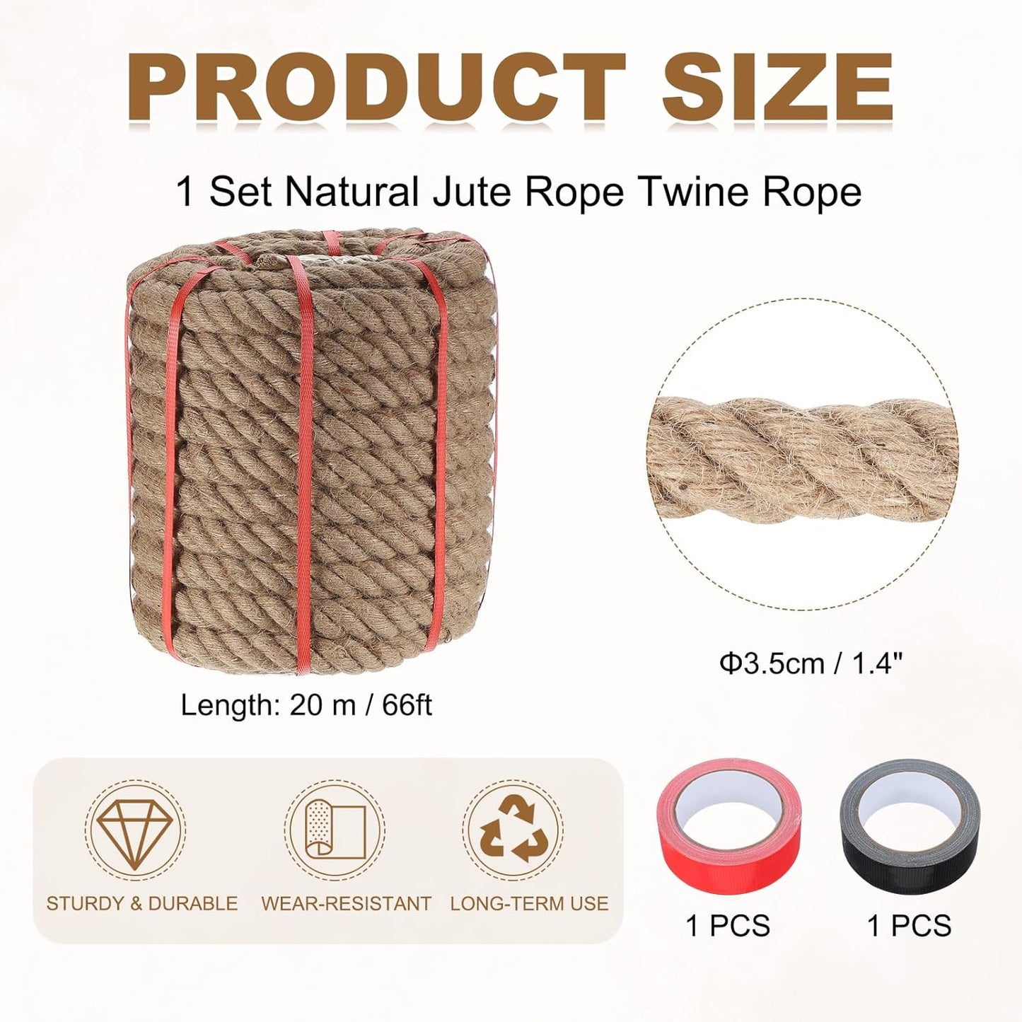 MECCANIXITY Jute Rope 1.4 Inch x 66ft, Thick Twine Rope Ropes Braided Jute Twine Natural Brown Burlap Cord String Heavy Twisted with Tapes for Decorative Crafts Railing Swing Tug of War