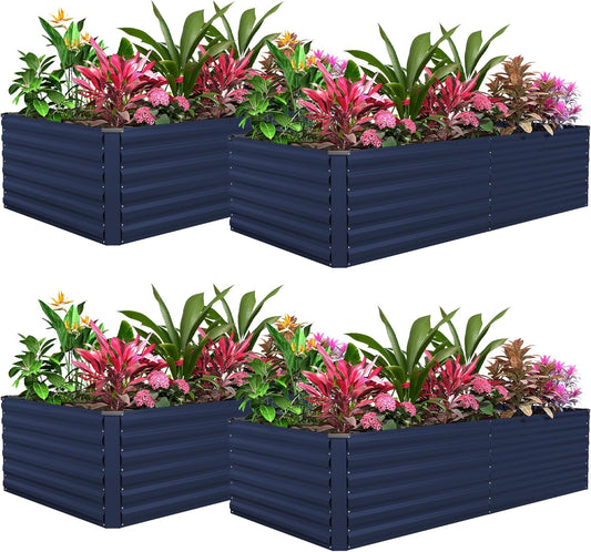 FOOWIN 4pcs 8x4x2ft Galvanized Raised Garden Bed, Planter Raised Garden Boxes Outdoor, Large Metal Raised Beds for Gardening, Garden Bed for Vegetables, Flowers, Herb,478 Gallon Capacity, Royal Blue