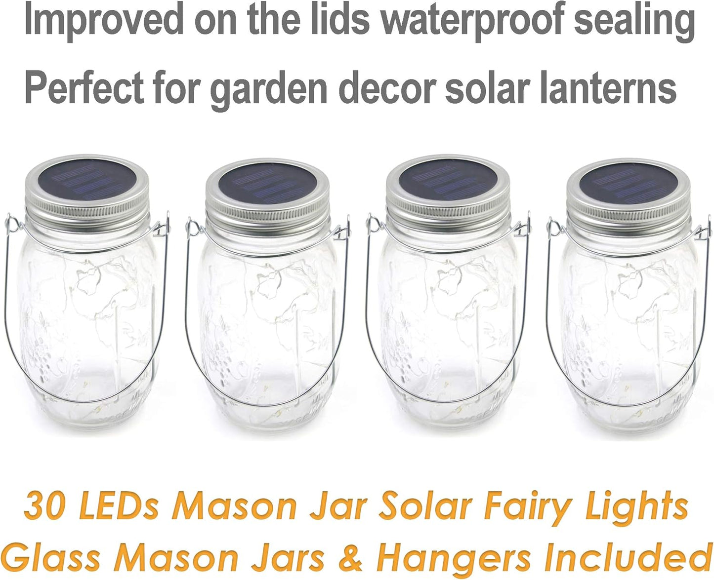 Solar Fairy Jar Lights,4 Pack 30 Led Mason Jar Decor Firefly Lights,for Outdoor Patio Garden Table Decorations Solar Lantern Mother's Day Gift(Mason Jars/Hangers Included)