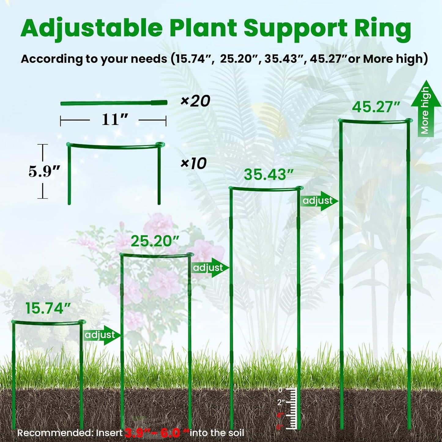 10-Pack Adjustable Height Snake Plant Support Stakes- Sturdy, Rust-Resistant Plant Supports for Indoor and Outdoor Potted Plants (16x10Inch) - Flower and Garden Peony Support