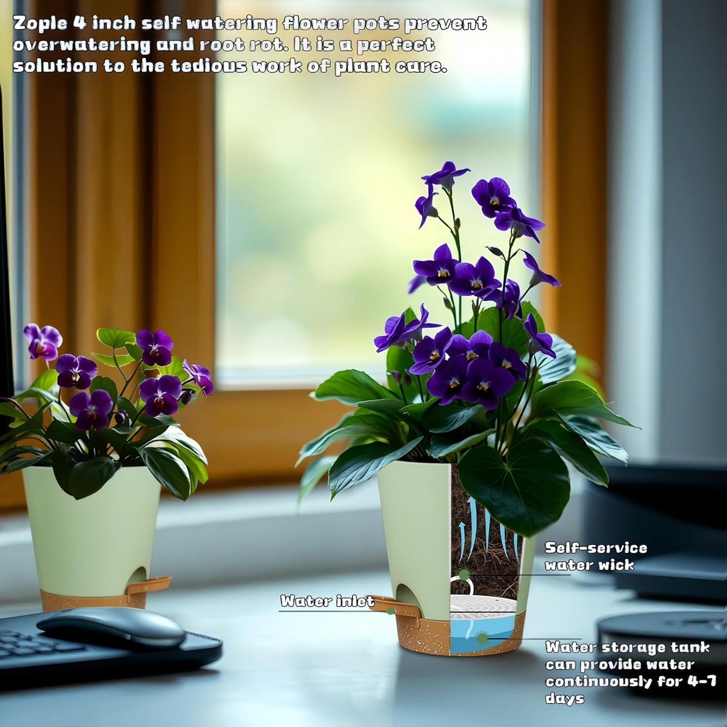 12 Pack 4 Inch Self Watering Plant Pots with Drainage and Saucers，Plastic Flower Pots for Indoor and Outdoor Plants, Nursery Planters for Houseplants and Herbs Green Brown, 4 inch 12pcs