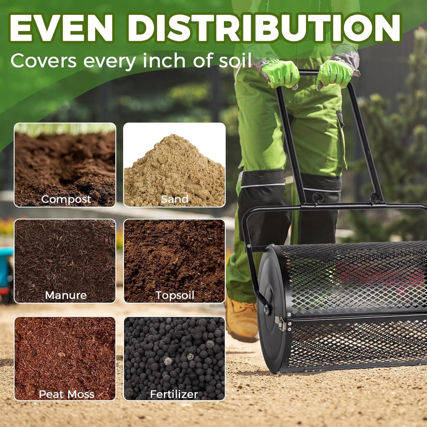 Outvita Compost Spreader and Peat Moss Spreader, 24" Push/Tow-Behind Roller Lawn Spreader with Steel Mesh Basket Garden Spreader for Spreading Manure Mulch Topsoil