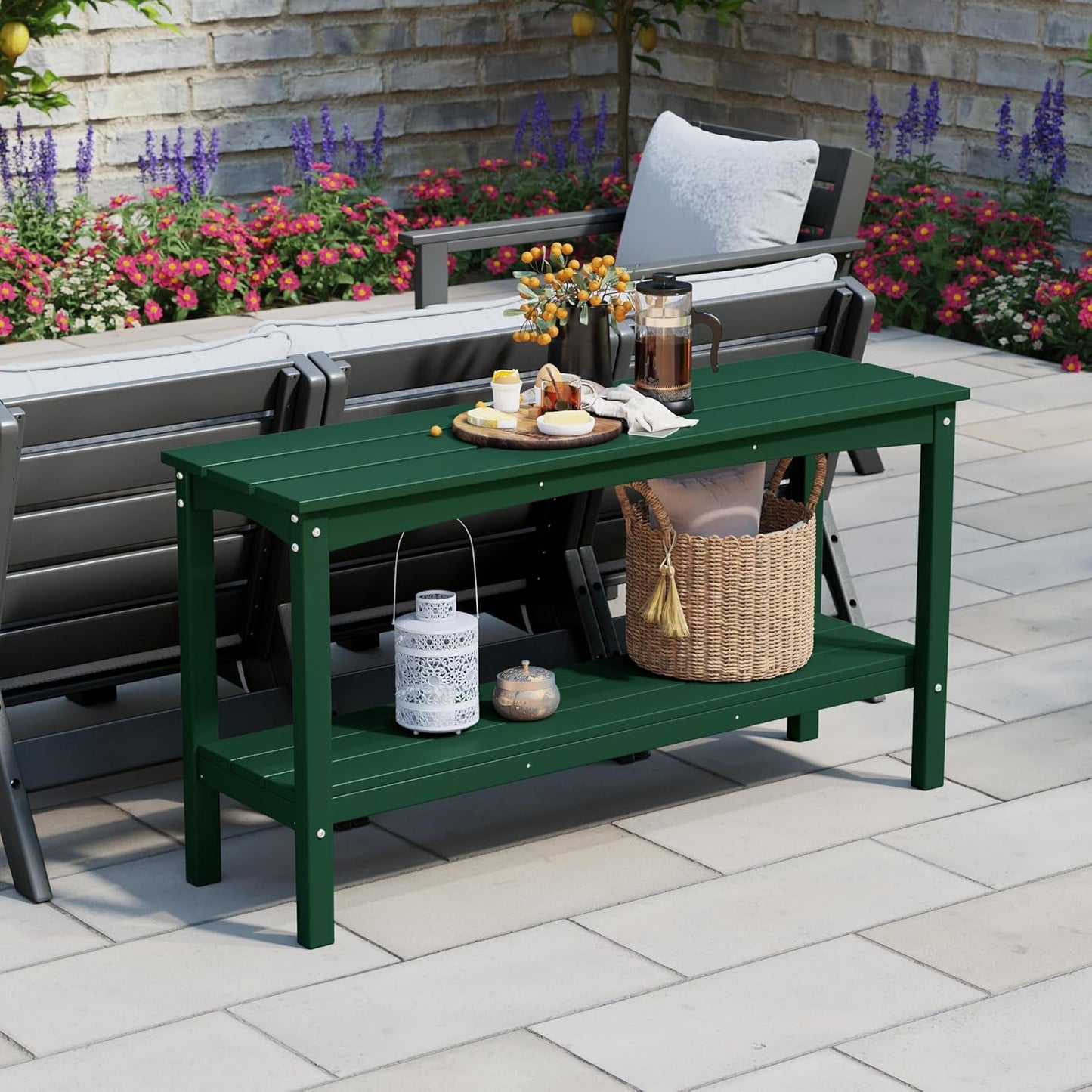 WestinTrends Malibu 55" Outdoor Patio HDPE Adirondack 2-Tier Shelf Console Table, Dark Green