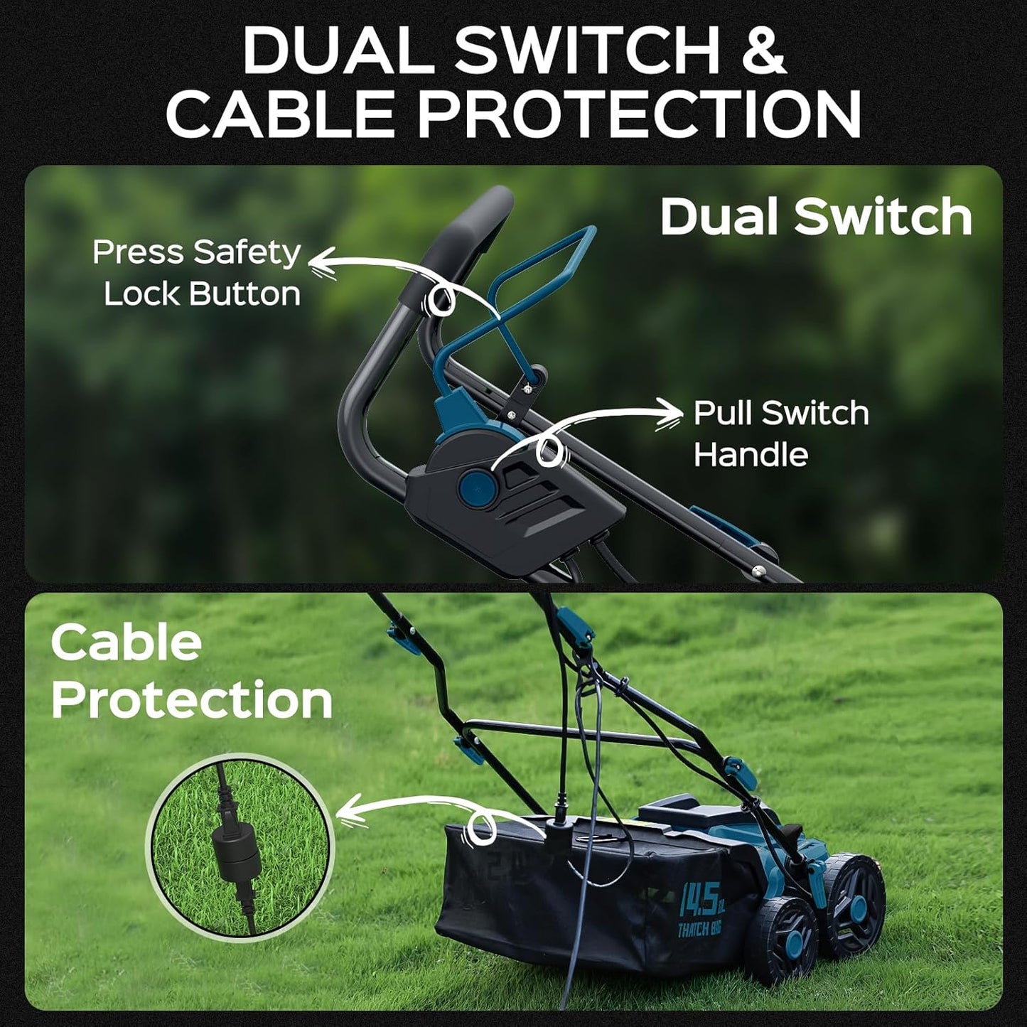 2025 Upgrade 16-Inch 15.5 Amp 2-in-1 Electric Dethatcher and Scarifier with 14.5-Gallon Collection Bag, Lawn Dethatcher with 5-Position Depth Adjustment, Keeps Lawn Healthy - Steel Blue