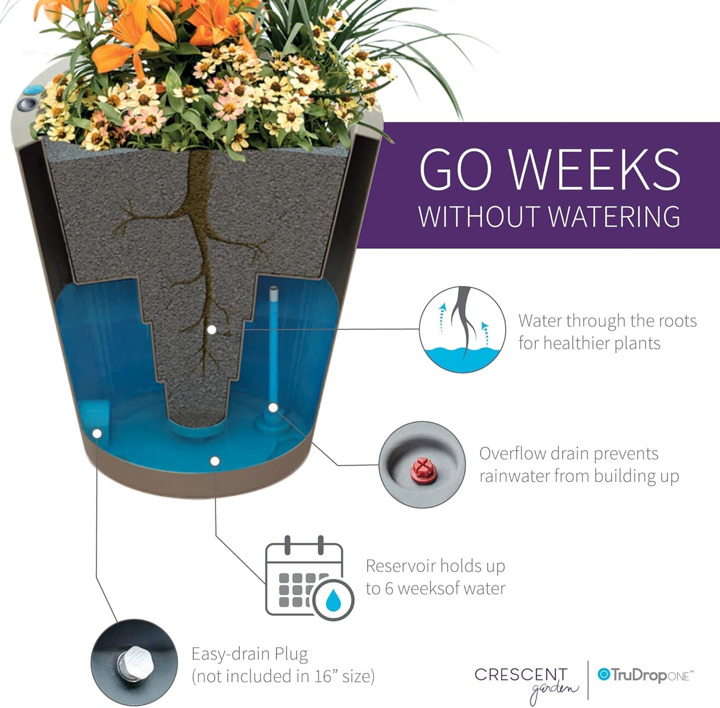 Crescent Garden Dot TruDrop Indoor/Outdoor Planter, Self-Watering Plant Pot, 16 Inches, (Slate)