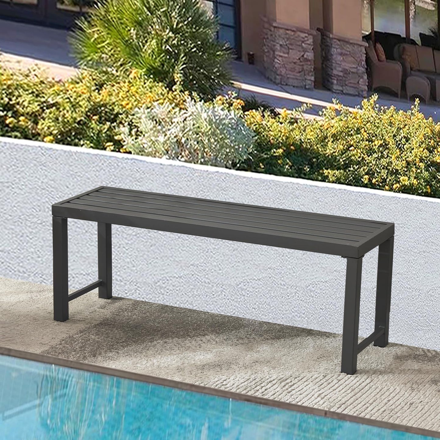 Black Outdoor Bench, Outdoor Metal Backless Bench, 46" Patio Garden Bench for Outdoor, All Weather Outdoor Bench for Garden, Backyard, Porch, Black