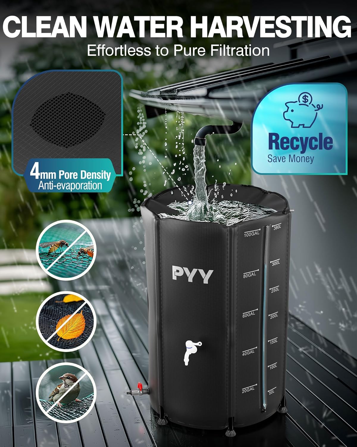 PYY Rain Barrel - 100 Gallon Water Storage Tank with Spigots, Portable Rain Catcher to Collect Rainwater from Gutter, Large Plastic Rain Catchment System with Collapsible Bucket, Black