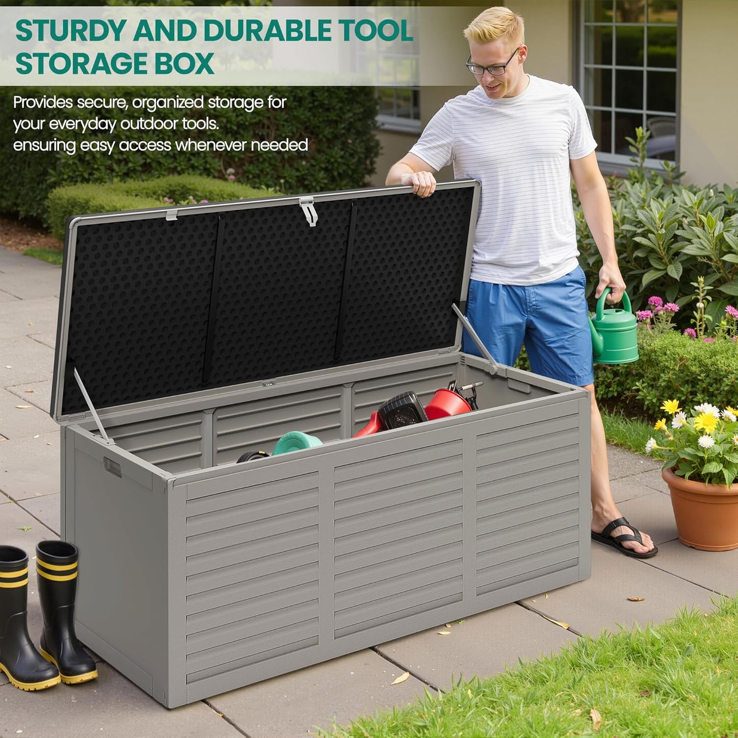 130 Gallon Outdoor Deck Box, Waterproof Resin Box with Lockable Lid, UV-Resistant for Cushions, Garden Tools & Pool Accessories (GRAY), Patio Furniture