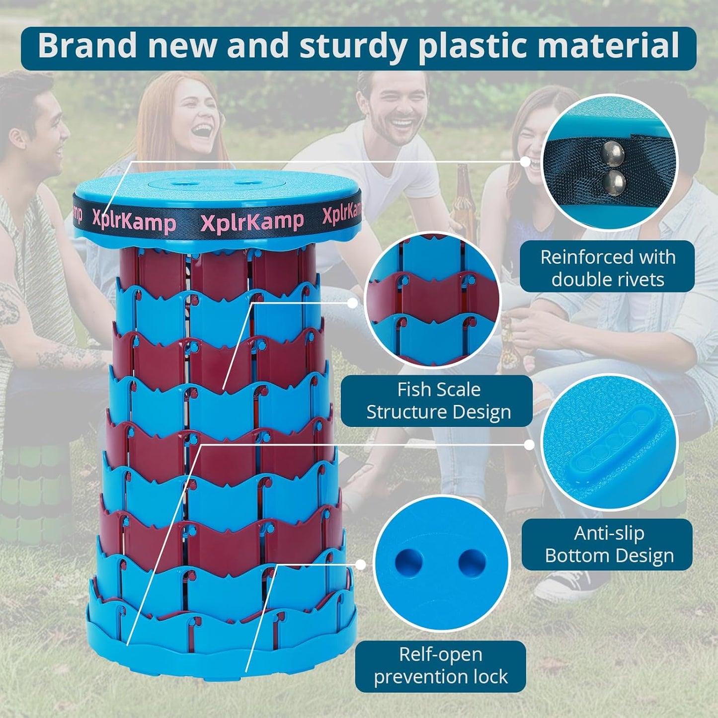 Retractable Folding Stool - Heavy Duty 400 lb Collapsible Portable Stool for Camping, Hiking, Fishing, Indoor/Outdoor with Non-Slip Base and Lightweight Design (Blue Purple, 1-Pack)