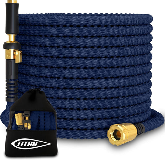 TITAN Flexible Garden Hose 50FT – Ultra Lightweight, Heavy Duty Water Hose with Brass Fittings & Jet Nozzle – Kink-Free, Non-Expanding, Durable Fabric Hose for Yard, Lawn, Car Wash, Outdoor Use