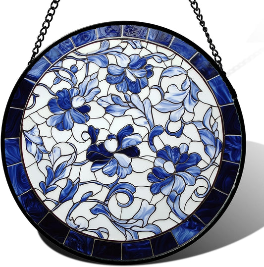 Stained Glass Window Hanging, Blue and White Abstract Flowers Sun Catcher for Door Home Decor Suncatcher Christmas Mother's Day Birthday Gifts for Women Men Mom and Nana 9.8 in