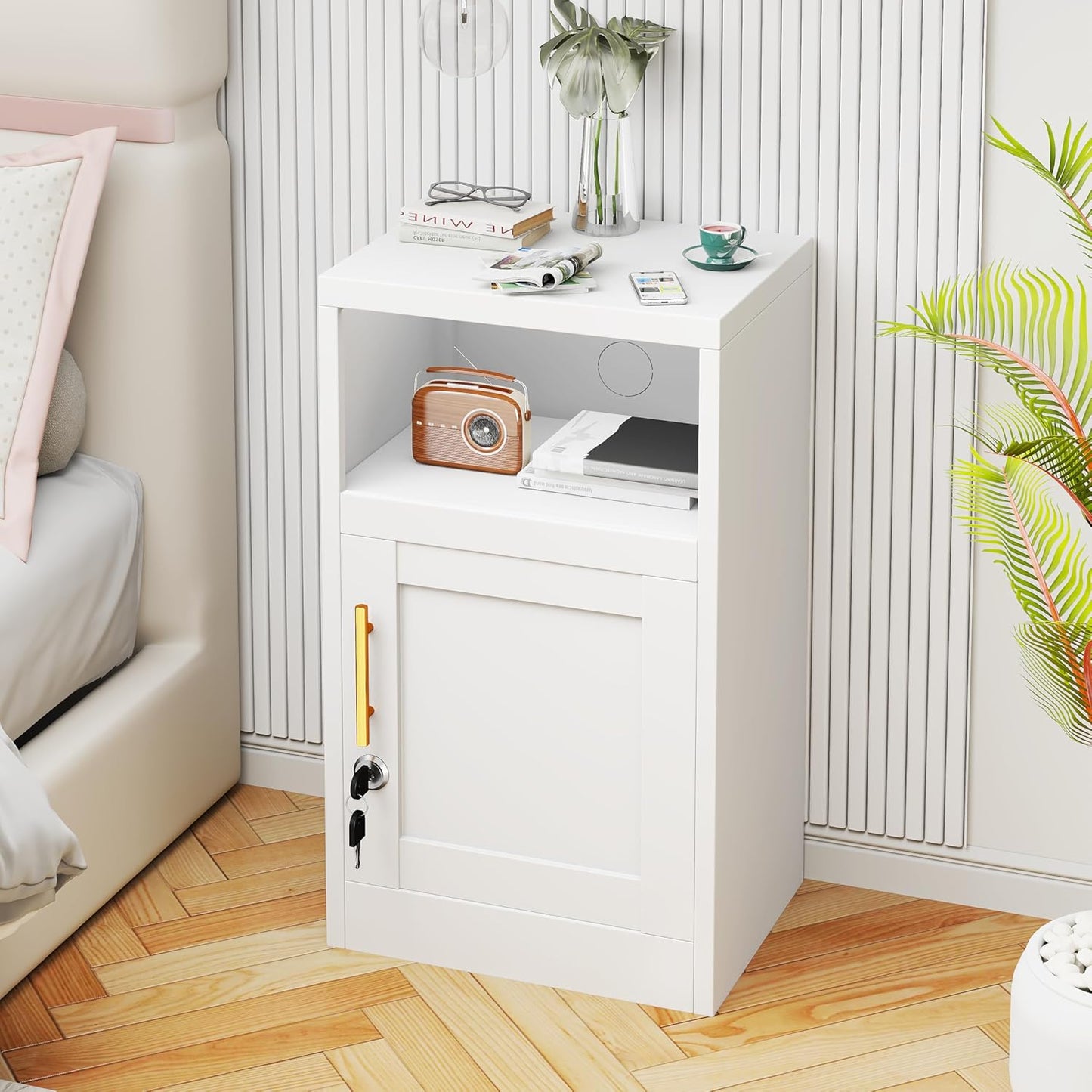 27" Metal Nightstand with Locked Doors, Small Sidetable with 1 Storage Shelf, Storage Cabinet for Bedroom, Metal End Table for Home, Office White