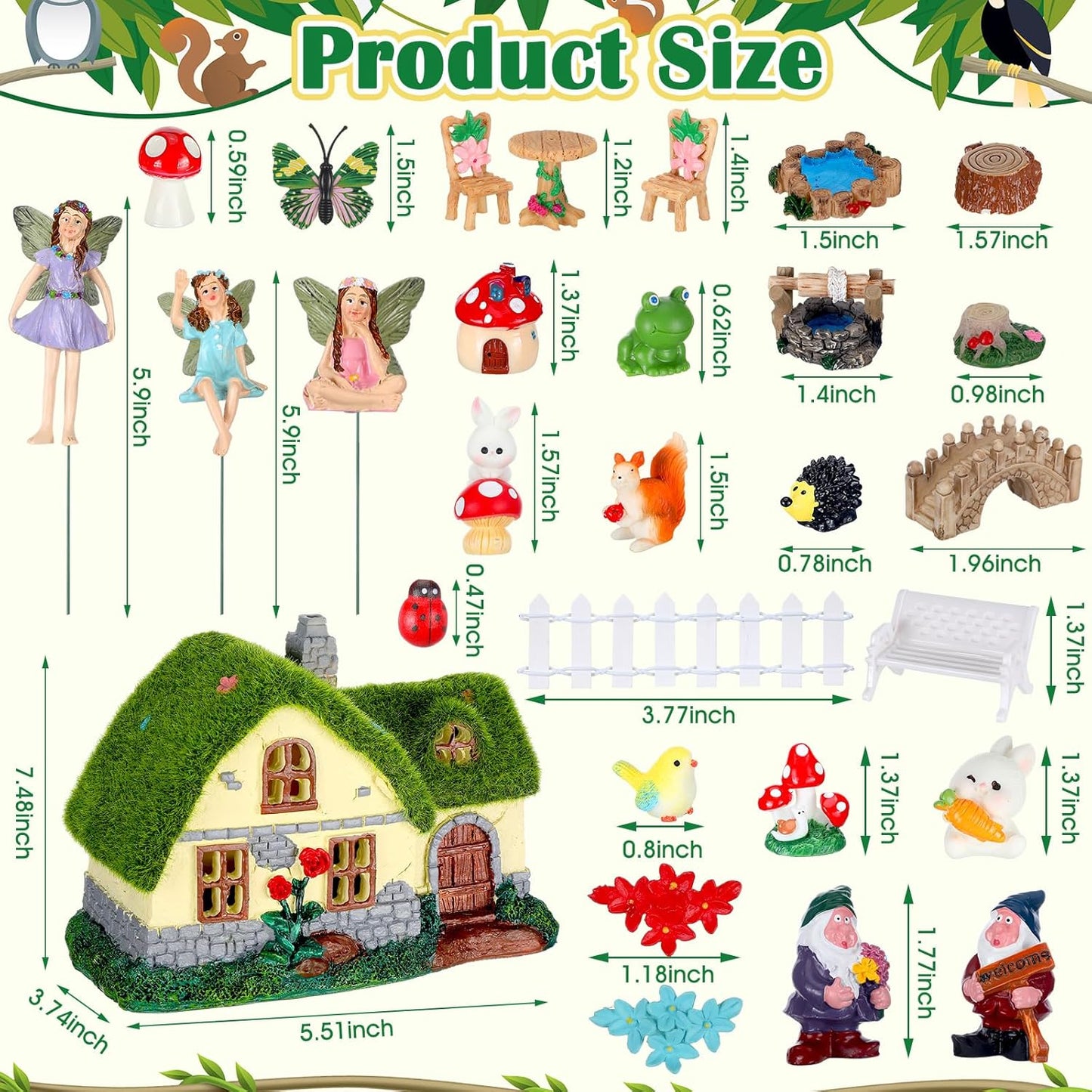 Suzile 50 Pcs Solar Fairy House Garden Accessories Light up Flocked Fairy Figures Garden Kit Green Resin Miniature Mushroom Figures Micro Landscape Ornament (Stone Grass House)