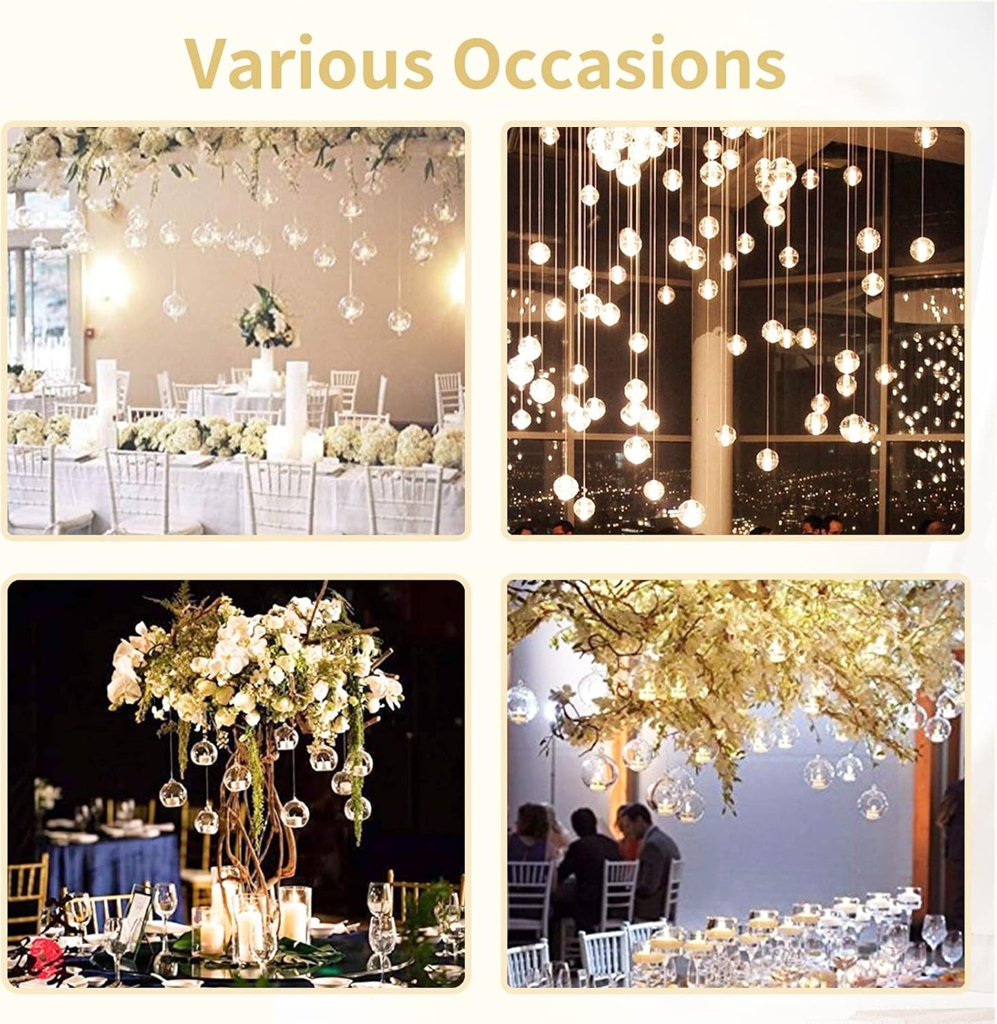 108 Pcs Mini Hanging Tealight Holder with LED Candles, 2.36in Hanging Glass Globes Candle Holder, Hanging Glass Terrarium Glass containers for Wedding Party Tree Decoration (Contains LED Candles)