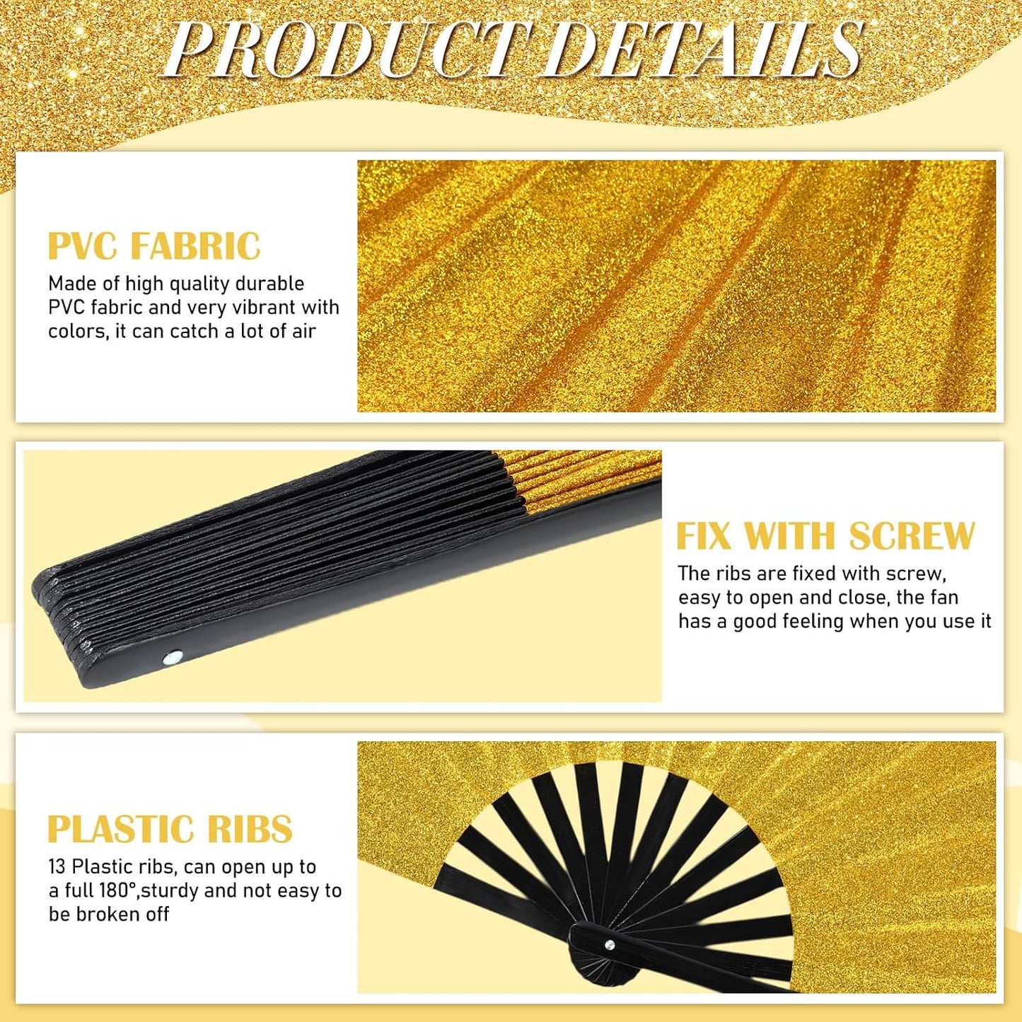 Maitys 2 Packs Large Clap Fans for Line Dancing Large Chinese Folding Hand Fans for Men and Women, Festival, Tai Ji, Kungfu, Martial Art, Gifts (Glitter Green and Gold)